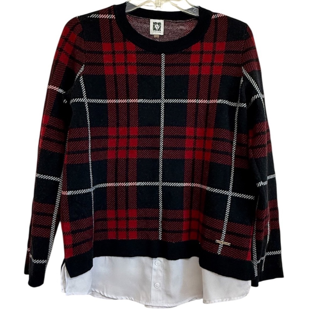 Anne Klein Red Black Plaid Layered Look Mixed Media Sweater Womens Medium